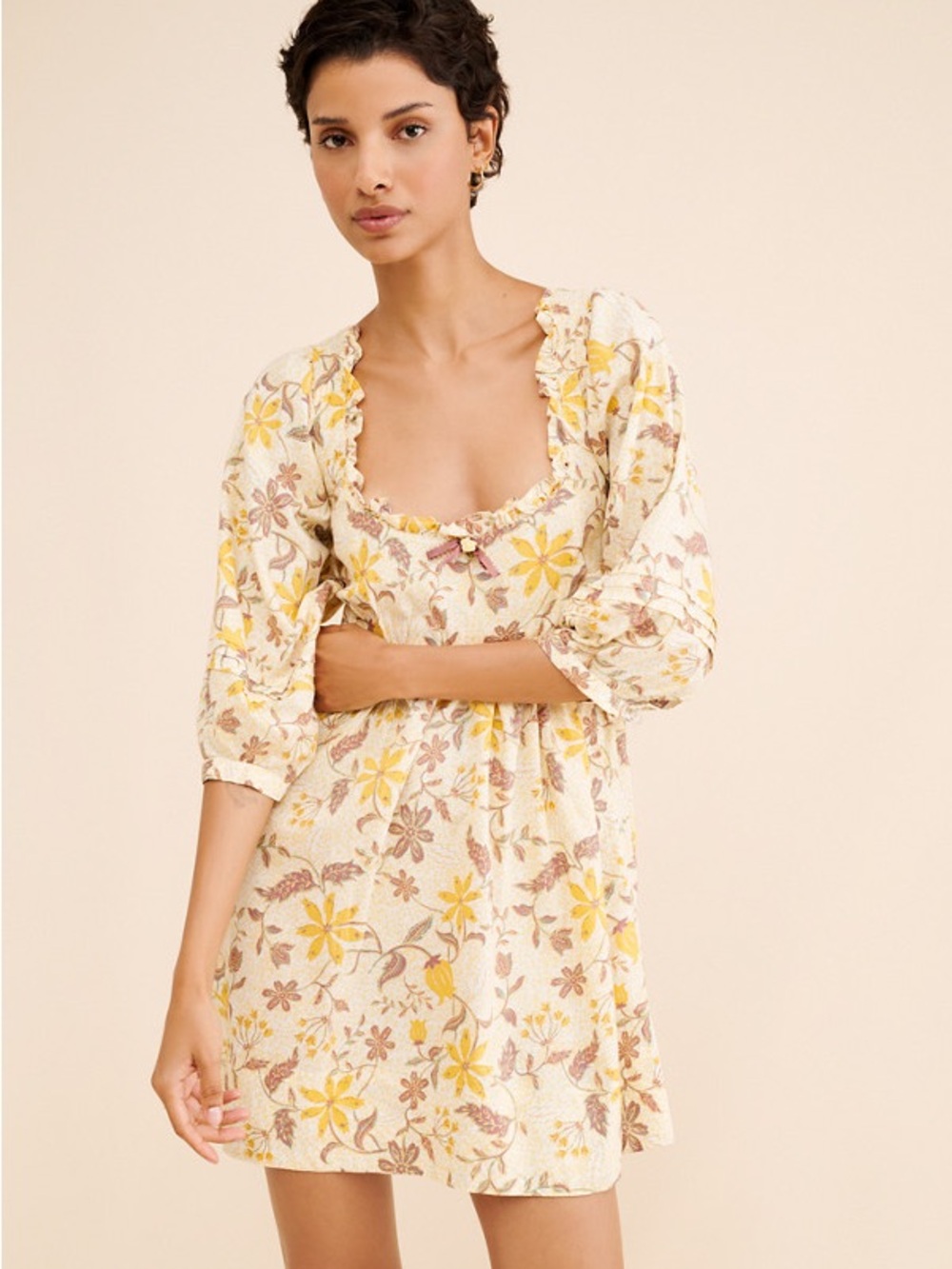 Free People Cream Yellow Floral Long Sleeve Mini Dress